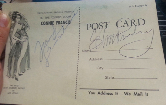 Postcard signed by Elvis Presley and Frank Sinatra. Solid Ground image. 